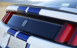 The All-new Shelby GT350 Mustang in Oxford White with a Sonic Blue stripe.