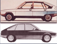 Due bozzetti (la riproduzione, purtroppo è di scarsa qualità) del progetto Chrysler C6: ricordava la Volkswagen Passat ma poi fu completamente rivista e diventò a tre volumi.