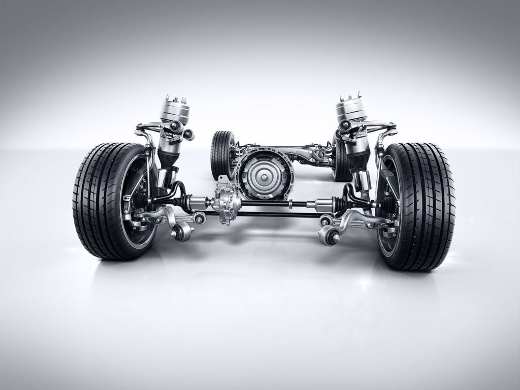 Mercedes-Benz GLC Antriebsstrang mit AIRMATIC Fahrwerk und Mehrkammer Luftfederbein. Mercedes-Benz GLC powertrain with AIRMATIC suspension and multi-chamber air suspension strut.