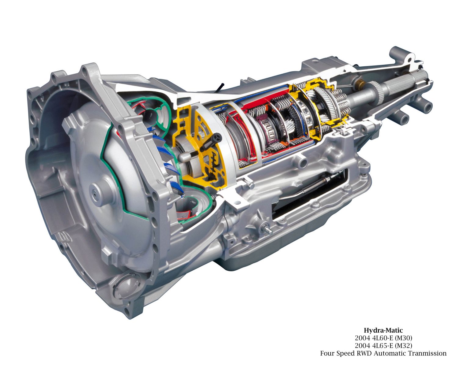 Hydra-Matic Four Speed RWD Automatic Transmission 2004 4L60-E (M30) for Chevrolet SSR, Chevrolet Corvette, Chevrolet S-10, GMC Sonoma, Chevrolet Blazer, Chevrolet Trailblazer, GMC Envoy, Oldsmobile Bravada,, Chevrolet Avalanche, Chevrolet 1500 & 2500 Silverado, GMC Sierra Pickup, GMC Sierra Chassis Cab, Chevrolet Tahoe, GMC Yukon, GMC Yukon XL, GMC Yukon XL Denali, Cadillac Escalade, Chevrolet Suburban, Chevrolet Express, GMC Savana, Chevrolet Astro, GMC Safari and Hummer H2, 2004 4L65-E (M32) for Cadillac Escalade, Chevrolet 1500 & 2500 Silverado, GMC Sierra Pickup, GMC Sierra Chassis Cab, GMC Yukon Denali, GMC Yukon XL Denali, GMC Yukon Denali, GMC Sierra Denali.